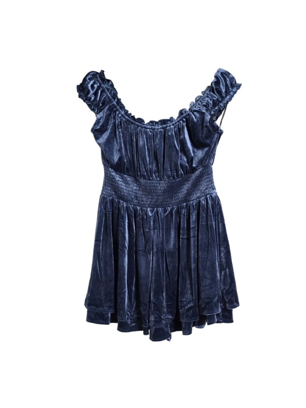 Urban Outfitters Blue Velvet Romper Womens S-P Smocked Babydoll Sleeveless - Picture 2 of 3